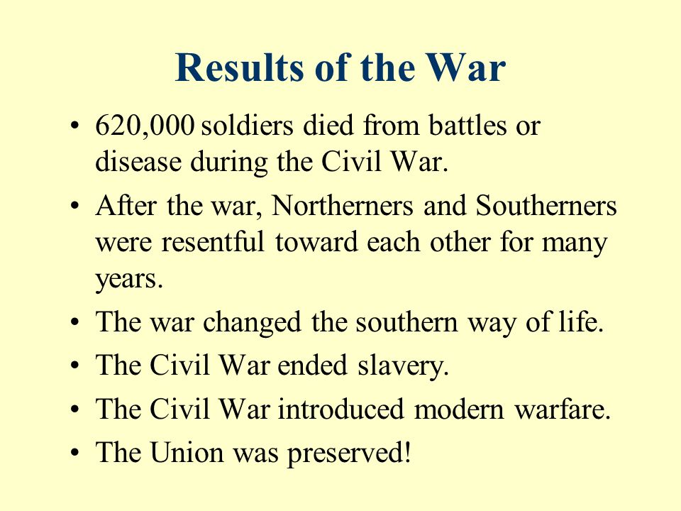 Results of the War 620,000 soldiers died from battles or disease during the Civil War.