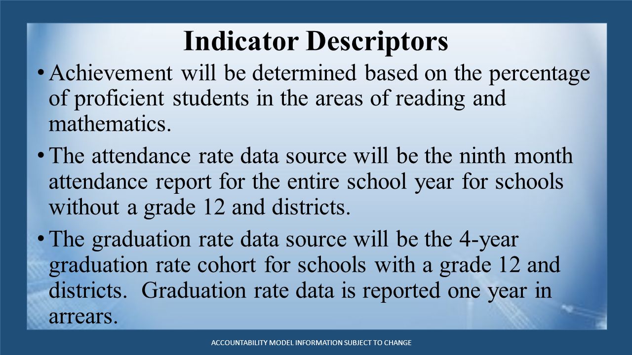 Indicator Descriptors Achievement will be determined based on the percentage of proficient students in the areas of reading and mathematics.