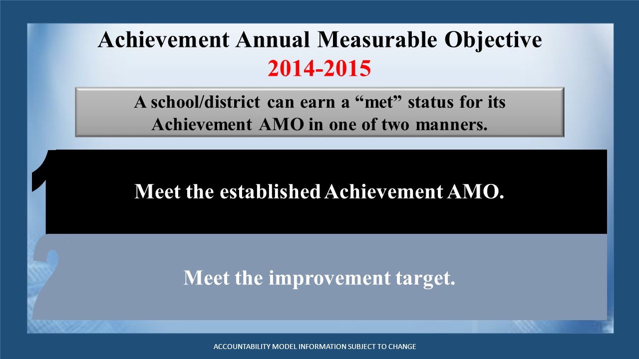 Achievement Annual Measurable Objective A school/district can earn a met status for its Achievement AMO in one of two manners.