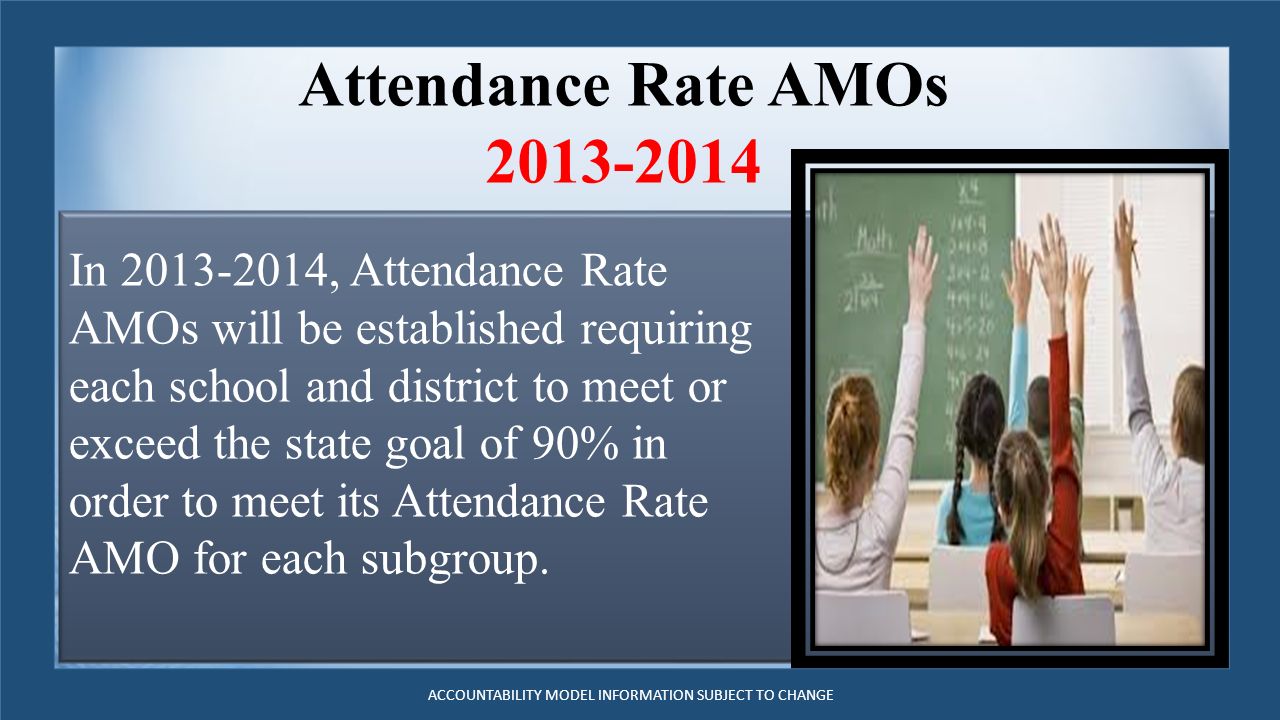 Attendance Rate AMOs In , Attendance Rate AMOs will be established requiring each school and district to meet or exceed the state goal of 90% in order to meet its Attendance Rate AMO for each subgroup.