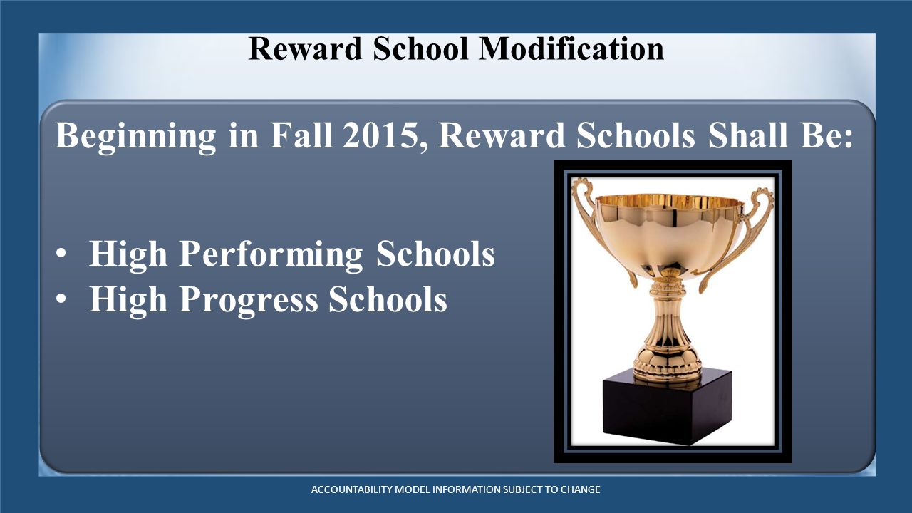 Reward School Modification Beginning in Fall 2015, Reward Schools Shall Be: High Performing Schools High Progress Schools ACCOUNTABILITY MODEL INFORMATION SUBJECT TO CHANGE