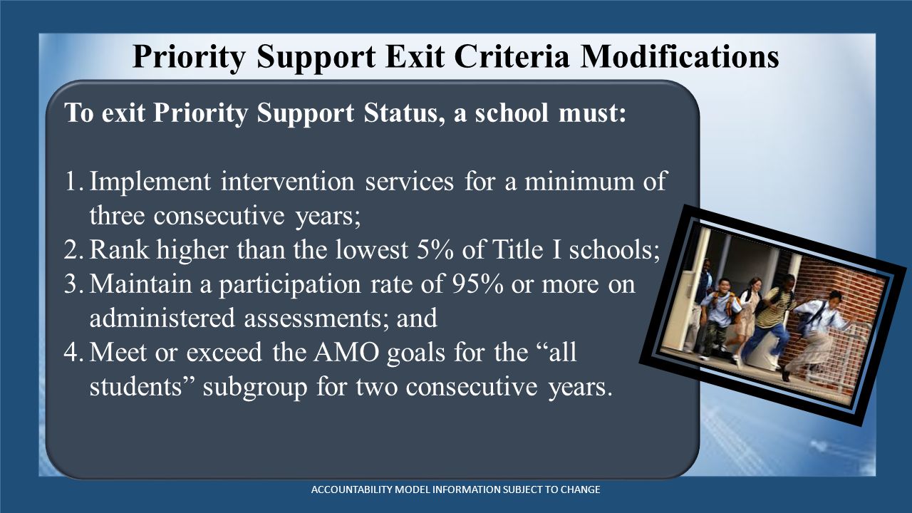 Priority Support Exit Criteria Modifications To exit Priority Support Status, a school must: 1.Implement intervention services for a minimum of three consecutive years; 2.Rank higher than the lowest 5% of Title I schools; 3.Maintain a participation rate of 95% or more on administered assessments; and 4.Meet or exceed the AMO goals for the all students subgroup for two consecutive years.
