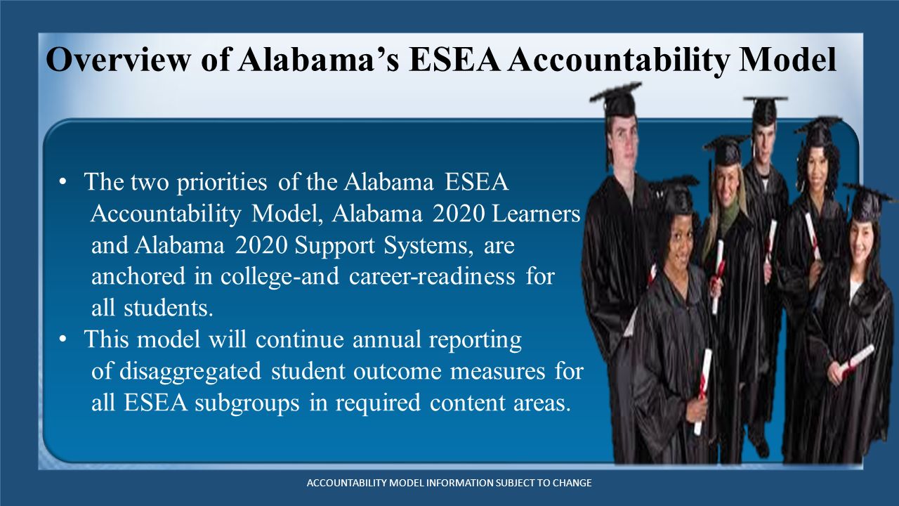 Overview of Alabama’s ESEA Accountability Model The two priorities of the Alabama ESEA Accountability Model, Alabama 2020 Learners and Alabama 2020 Support Systems, are anchored in college-and career-readiness for all students.