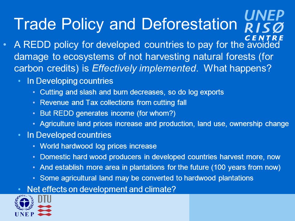 Trade Policy and Deforestation A REDD policy for developed countries to pay for the avoided damage to ecosystems of not harvesting natural forests (for carbon credits) is Effectively implemented.