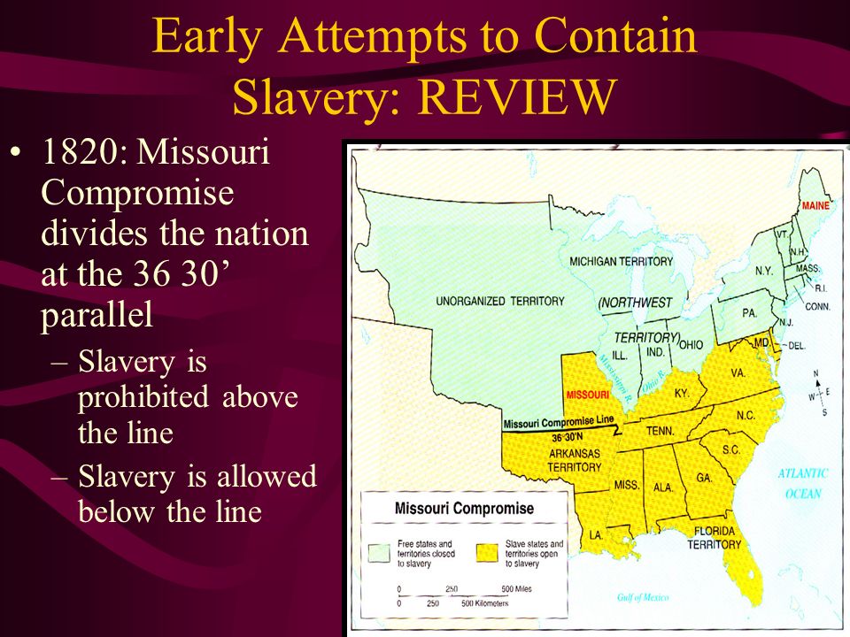 Early Attempts to Contain Slavery: REVIEW 1820: Missouri Compromise divides the nation at the 36 30’ parallel –Slavery is prohibited above the line –Slavery is allowed below the line