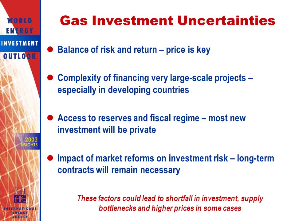Gas Investment Uncertainties Balance of risk and return – price is key Complexity of financing very large-scale projects – especially in developing countries Access to reserves and fiscal regime – most new investment will be private Impact of market reforms on investment risk – long-term contracts will remain necessary These factors could lead to shortfall in investment, supply bottlenecks and higher prices in some cases