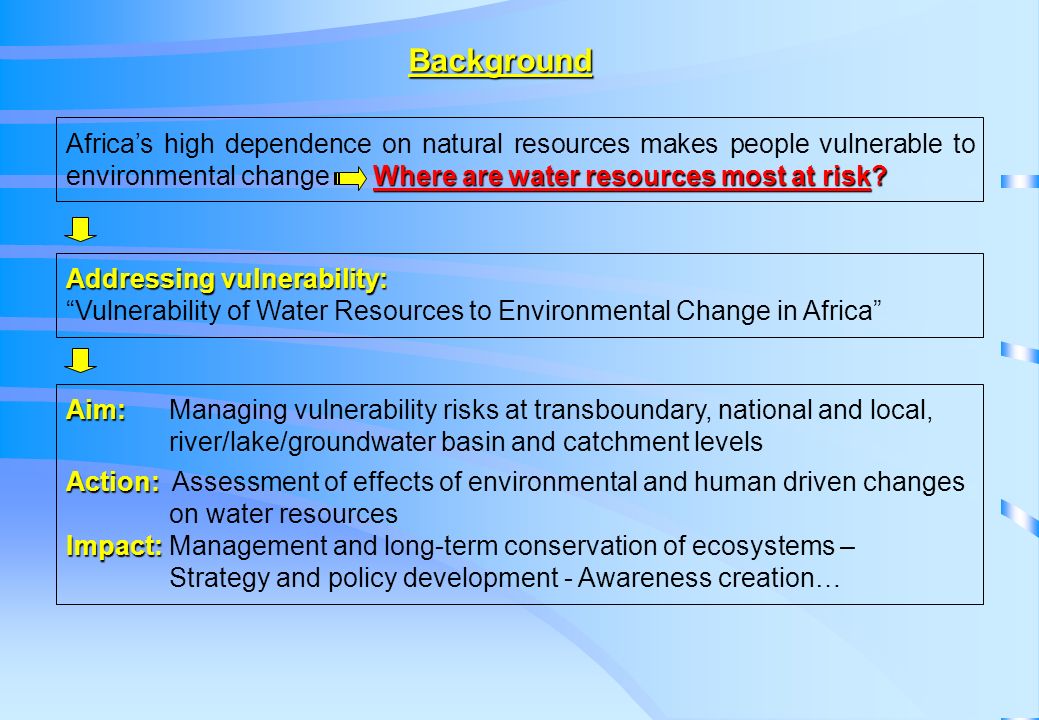 Addressing vulnerability: Vulnerability of Water Resources to Environmental Change in Africa Aim: Aim: Managing vulnerability risks at transboundary, national and local, river/lake/groundwater basin and catchment levels Action: Action: Assessment of effects of environmental and human driven changes on water resources Impact: Impact: Management and long-term conservation of ecosystems – Strategy and policy development - Awareness creation… Where are water resources most at risk.