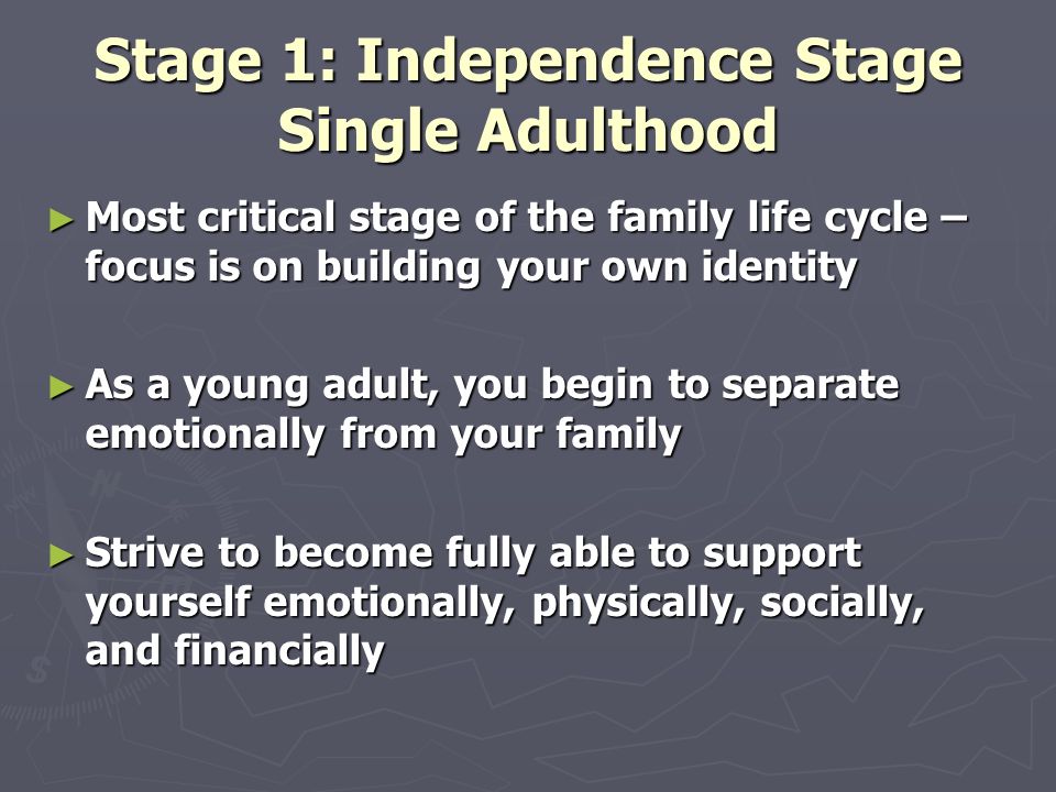 Stage 1: Independence Stage Single Adulthood ► Most critical stage of the family life cycle – focus is on building your own identity ► As a young adult, you begin to separate emotionally from your family ► Strive to become fully able to support yourself emotionally, physically, socially, and financially
