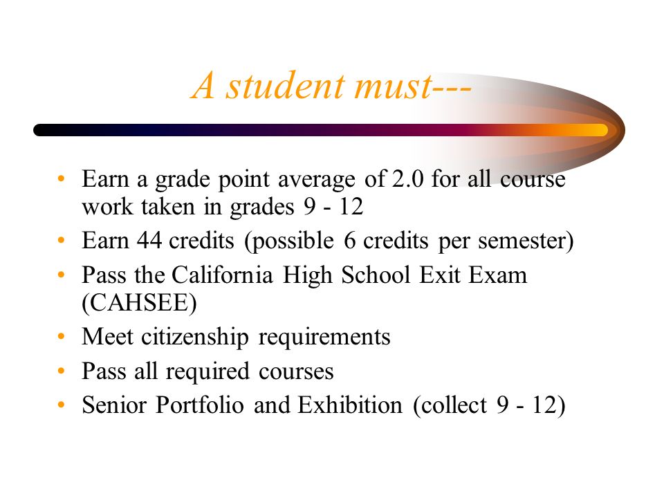 A student must--- Earn a grade point average of 2.0 for all course work taken in grades Earn 44 credits (possible 6 credits per semester) Pass the California High School Exit Exam (CAHSEE) Meet citizenship requirements Pass all required courses Senior Portfolio and Exhibition (collect )