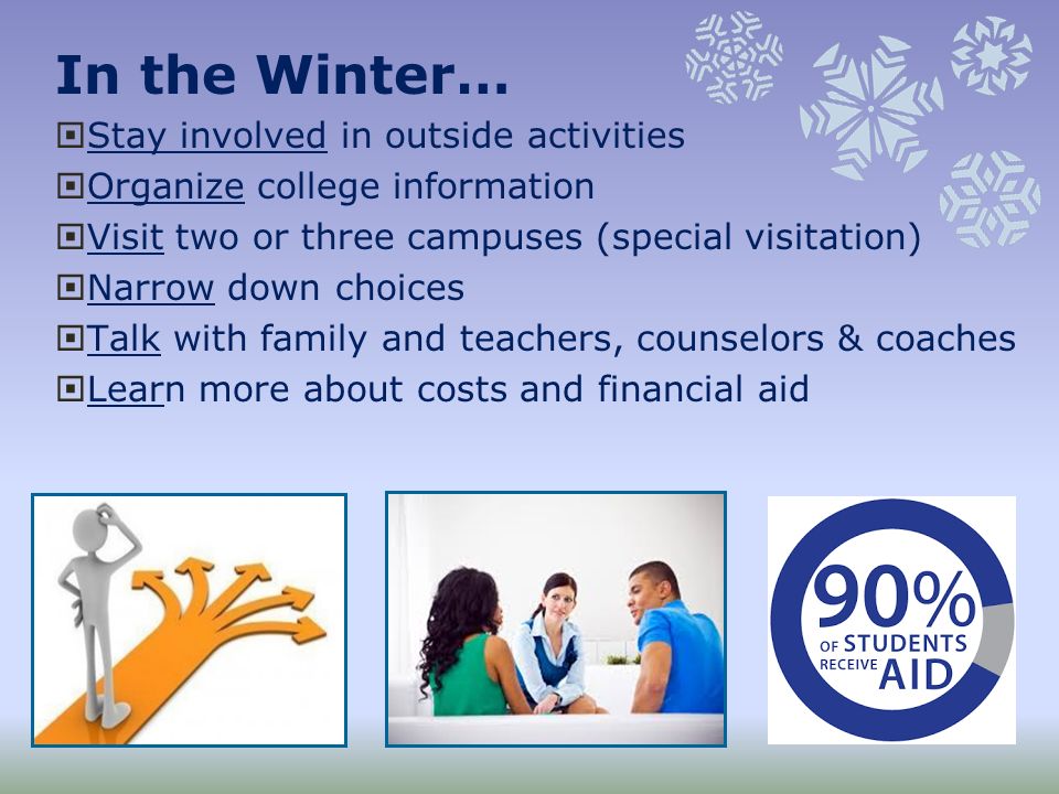 In the Winter…  Stay involved in outside activities  Organize college information  Visit two or three campuses (special visitation)  Narrow down choices  Talk with family and teachers, counselors & coaches  Learn more about costs and financial aid