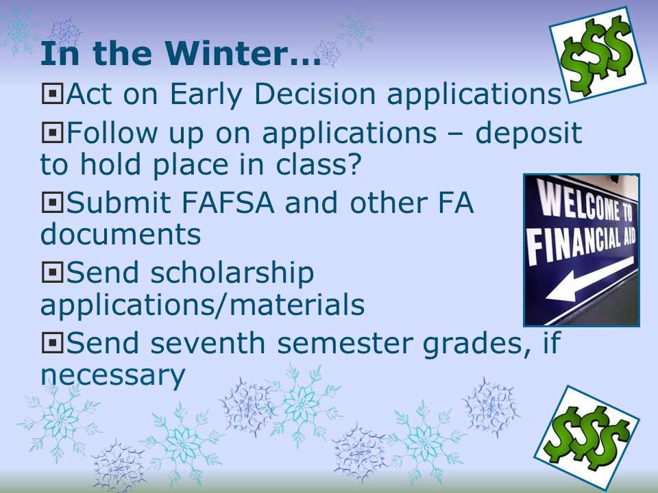 In the Winter…  Act on Early Decision applications  Follow up on applications – deposit to hold place in class.