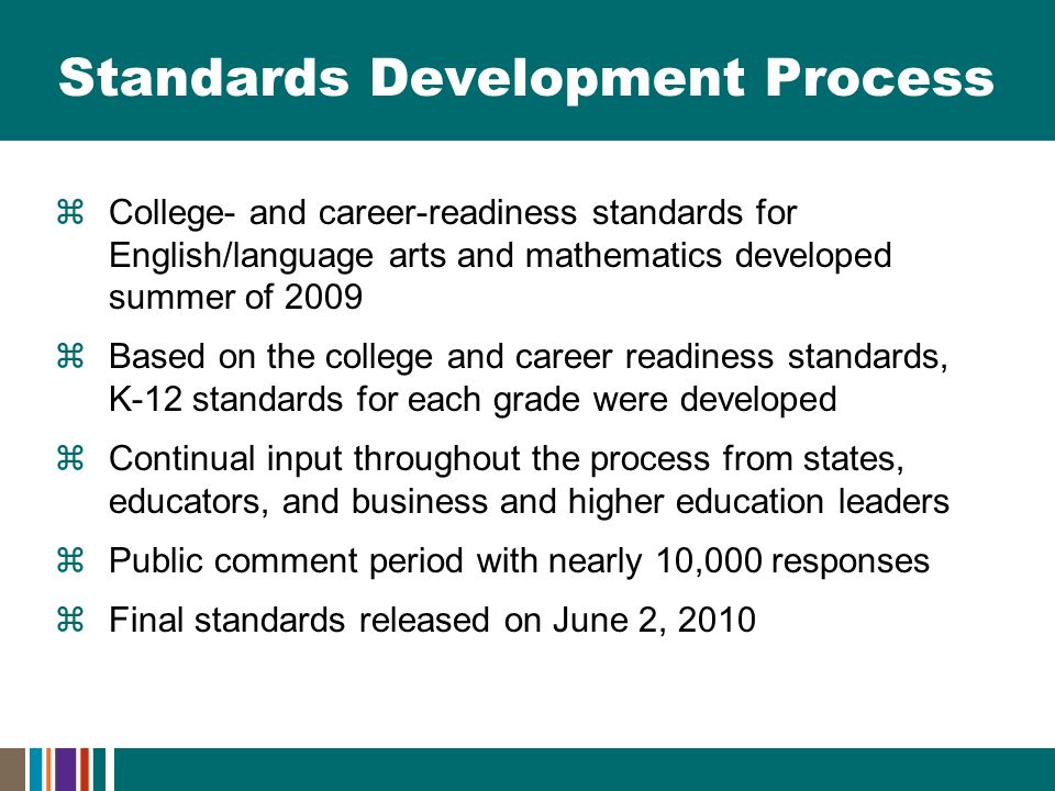 Standards Development Process  College- and career-readiness standards for English/language arts and mathematics developed summer of 2009  Based on the college and career readiness standards, K-12 standards for each grade were developed  Continual input throughout the process from states, educators, and business and higher education leaders  Public comment period with nearly 10,000 responses  Final standards released on June 2, 2010