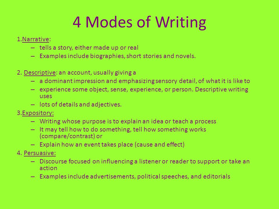4 Modes of Writing 1.Narrative: – tells a story, either made up or real – Examples include biographies, short stories and novels.