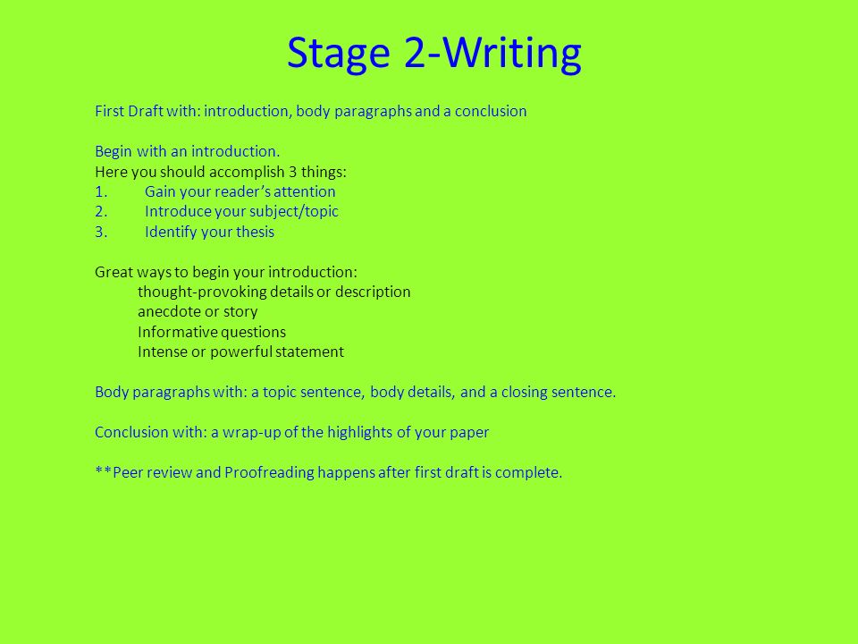 Stage 2-Writing First Draft with: introduction, body paragraphs and a conclusion Begin with an introduction.