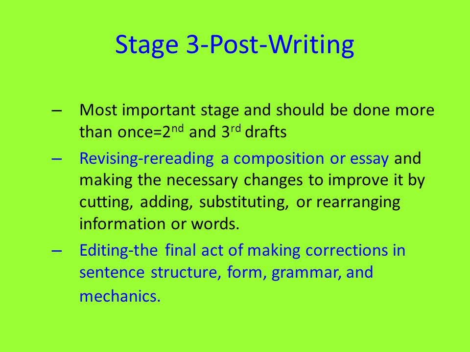 Stage 3-Post-Writing – Most important stage and should be done more than once=2 nd and 3 rd drafts – Revising-rereading a composition or essay and making the necessary changes to improve it by cutting, adding, substituting, or rearranging information or words.