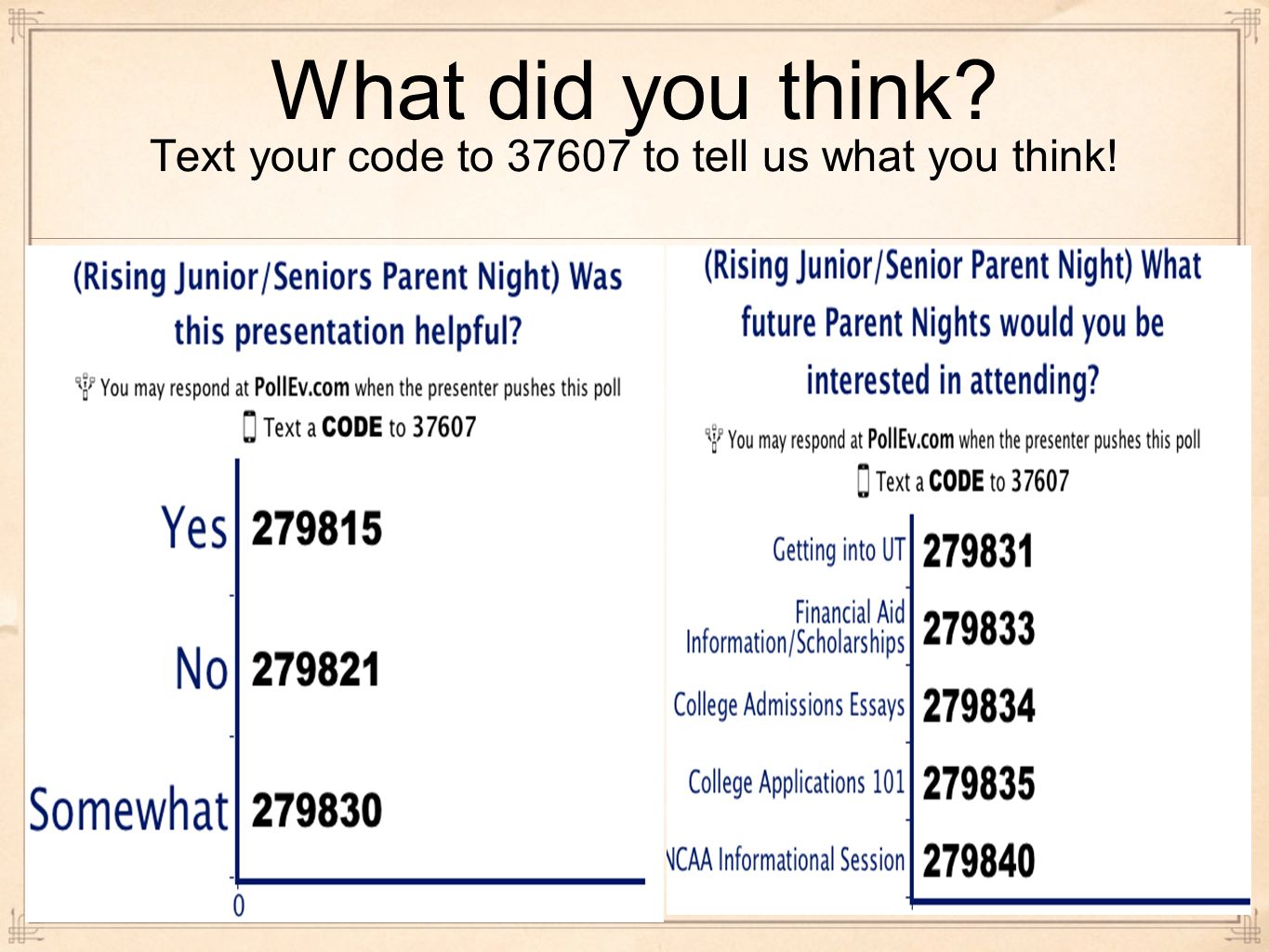 What did you think Text your code to to tell us what you think! !