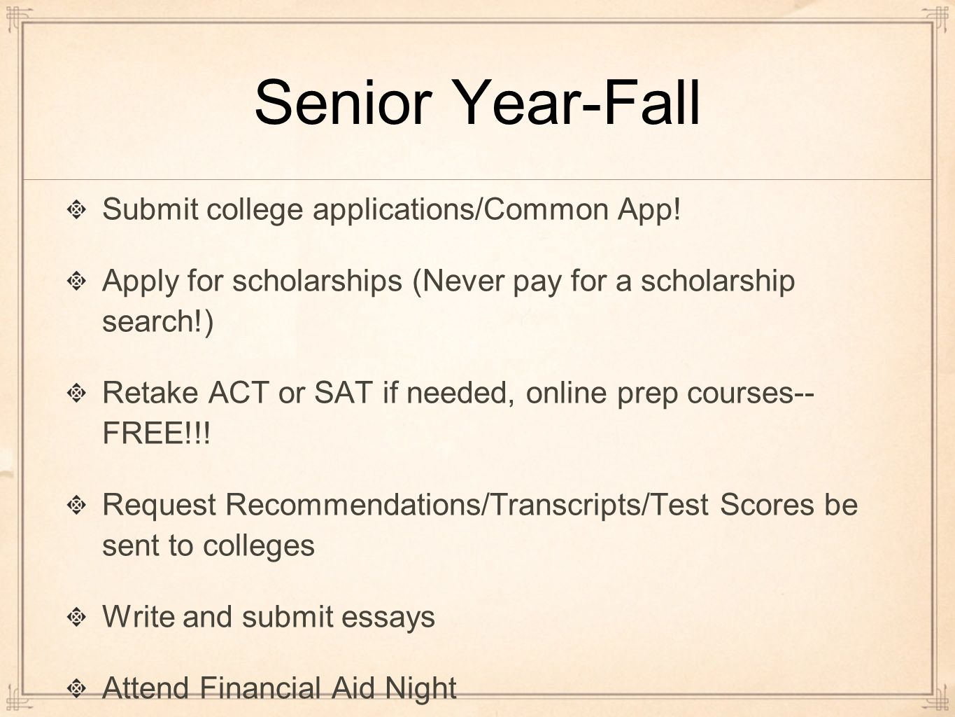 Senior Year-Fall Submit college applications/Common App.
