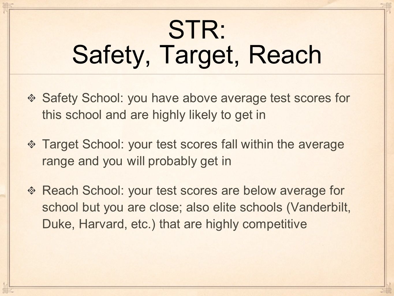 STR: Safety, Target, Reach Safety School: you have above average test scores for this school and are highly likely to get in Target School: your test scores fall within the average range and you will probably get in Reach School: your test scores are below average for school but you are close; also elite schools (Vanderbilt, Duke, Harvard, etc.) that are highly competitive