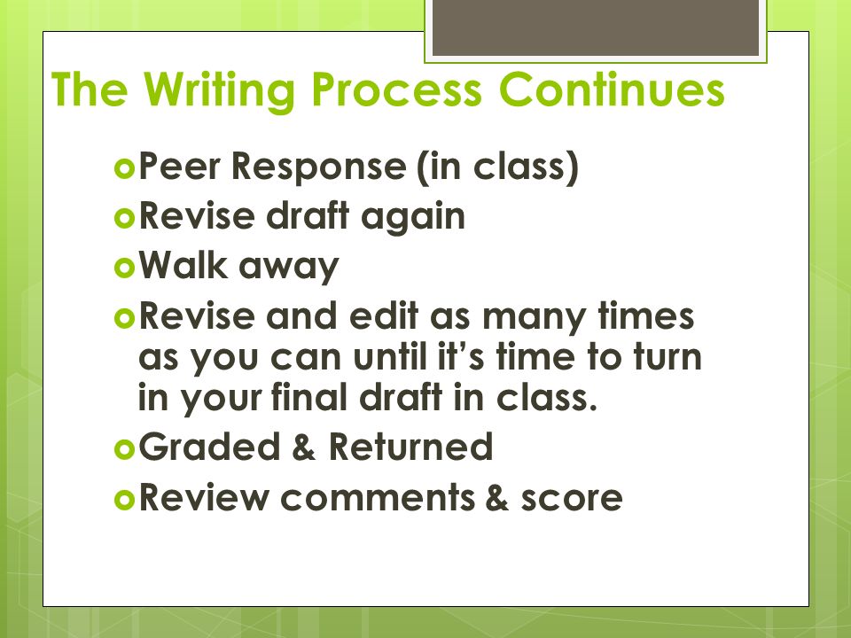 The Writing Process Continues  Peer Response (in class)  Revise draft again  Walk away  Revise and edit as many times as you can until it’s time to turn in your final draft in class.