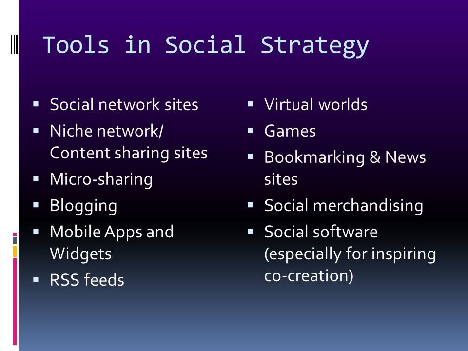 Tools in Social Strategy  Social network sites  Niche network/ Content sharing sites  Micro-sharing  Blogging  Mobile Apps and Widgets  RSS feeds  Virtual worlds  Games  Bookmarking & News sites  Social merchandising  Social software (especially for inspiring co-creation)