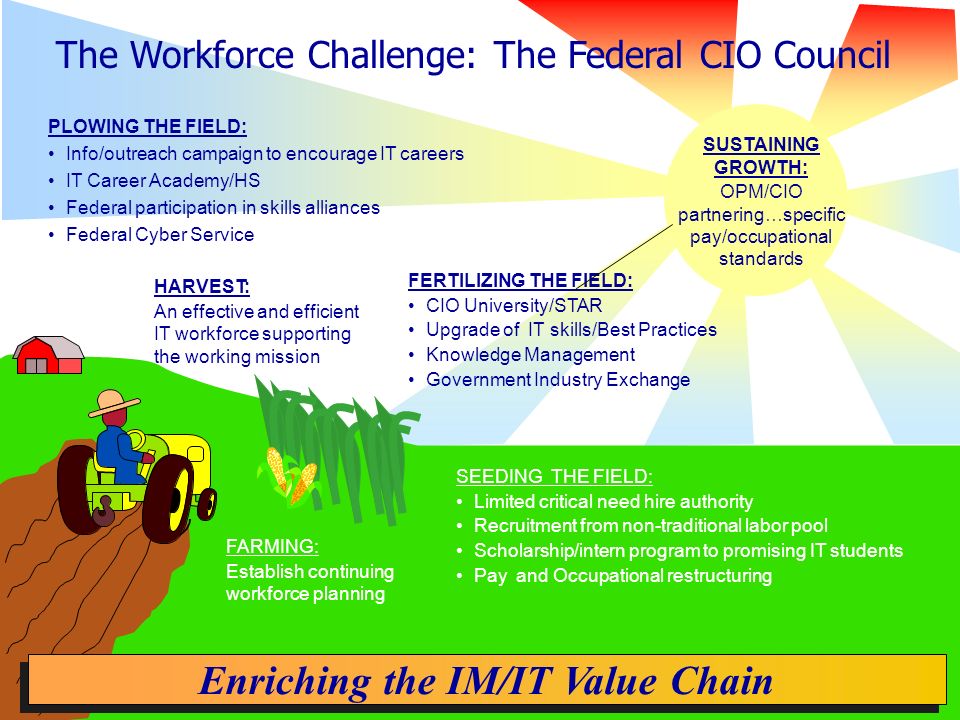 The Workforce Challenge: The Federal CIO Council HARVEST: An effective and efficient IT workforce supporting the working mission SUSTAINING GROWTH: OPM/CIO partnering…specific pay/occupational standards FERTILIZING THE FIELD: CIO University/STAR Upgrade of IT skills/Best Practices Knowledge Management Government Industry Exchange SEEDING THE FIELD: Limited critical need hire authority Recruitment from non-traditional labor pool Scholarship/intern program to promising IT students Pay and Occupational restructuring FARMING: Establish continuing workforce planning PLOWING THE FIELD: Info/outreach campaign to encourage IT careers IT Career Academy/HS Federal participation in skills alliances Federal Cyber Service Enriching the IM/IT Value Chain
