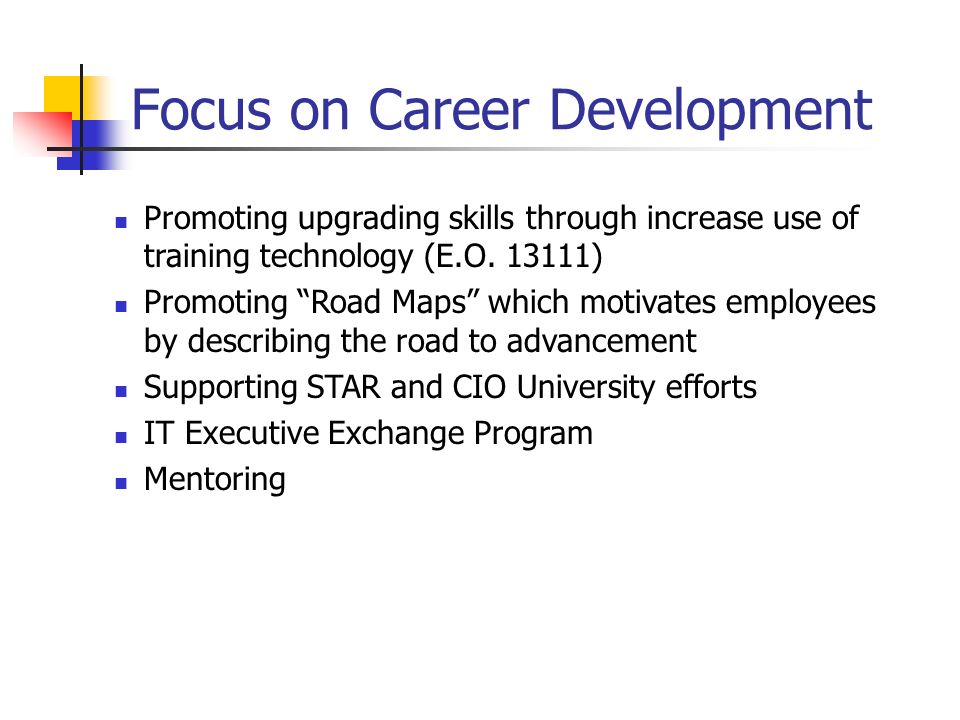 Focus on Career Development Promoting upgrading skills through increase use of training technology (E.O.