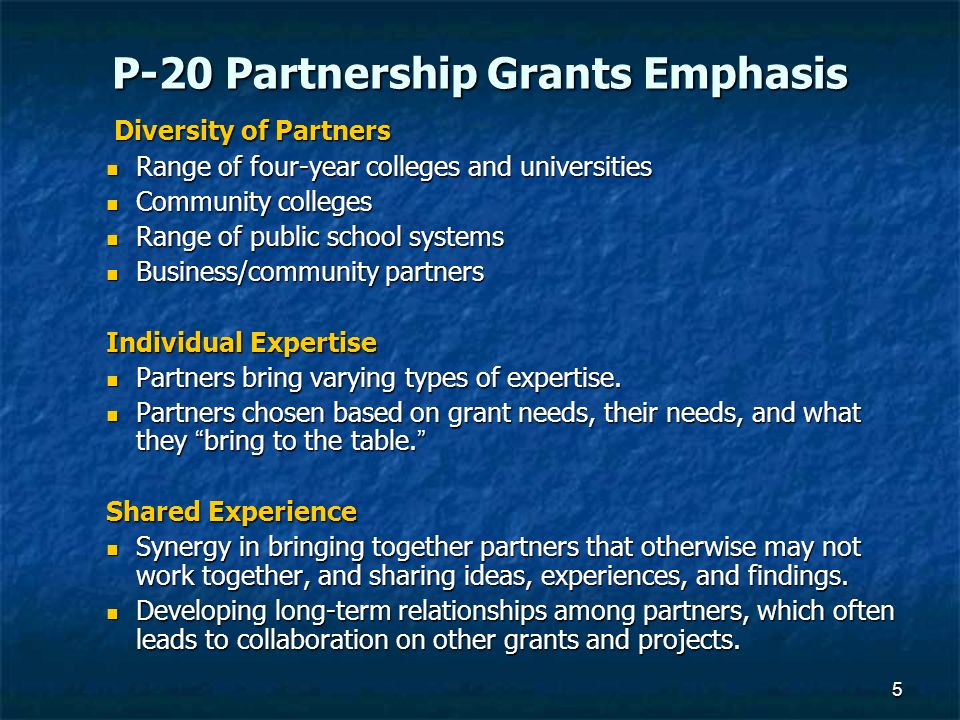 5 P-20 Partnership Grants Emphasis Diversity of Partners Diversity of Partners Range of four-year colleges and universities Range of four-year colleges and universities Community colleges Community colleges Range of public school systems Range of public school systems Business/community partners Business/community partners Individual Expertise Partners bring varying types of expertise.
