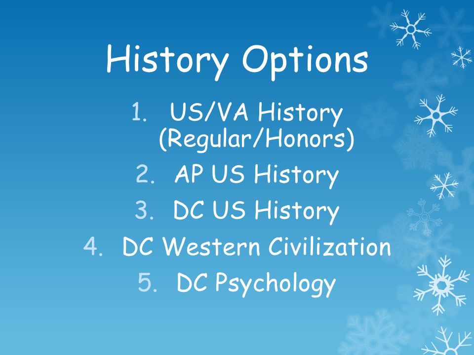 History Options 1.US/VA History (Regular/Honors) 2.AP US History 3.DC US History 4.DC Western Civilization 5.DC Psychology