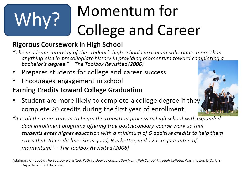 Momentum for College and Career Rigorous Coursework in High School The academic intensity of the student’s high school curriculum still counts more than anything else in precollegiate history in providing momentum toward completing a bachelor’s degree. – The Toolbox Revisited (2006) Prepares students for college and career success Encourages engagement in school Earning Credits toward College Graduation Student are more likely to complete a college degree if they complete 20 credits during the first year of enrollment.