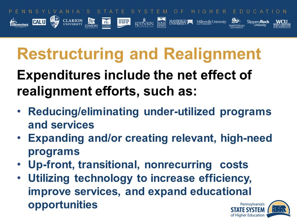 PENNSYLVANIA’S STATE SYSTEM OF HIGHER EDUCATION Restructuring and Realignment Expenditures include the net effect of realignment efforts, such as: Reducing/eliminating under-utilized programs and services Expanding and/or creating relevant, high-need programs Up-front, transitional, nonrecurring costs Utilizing technology to increase efficiency, improve services, and expand educational opportunities