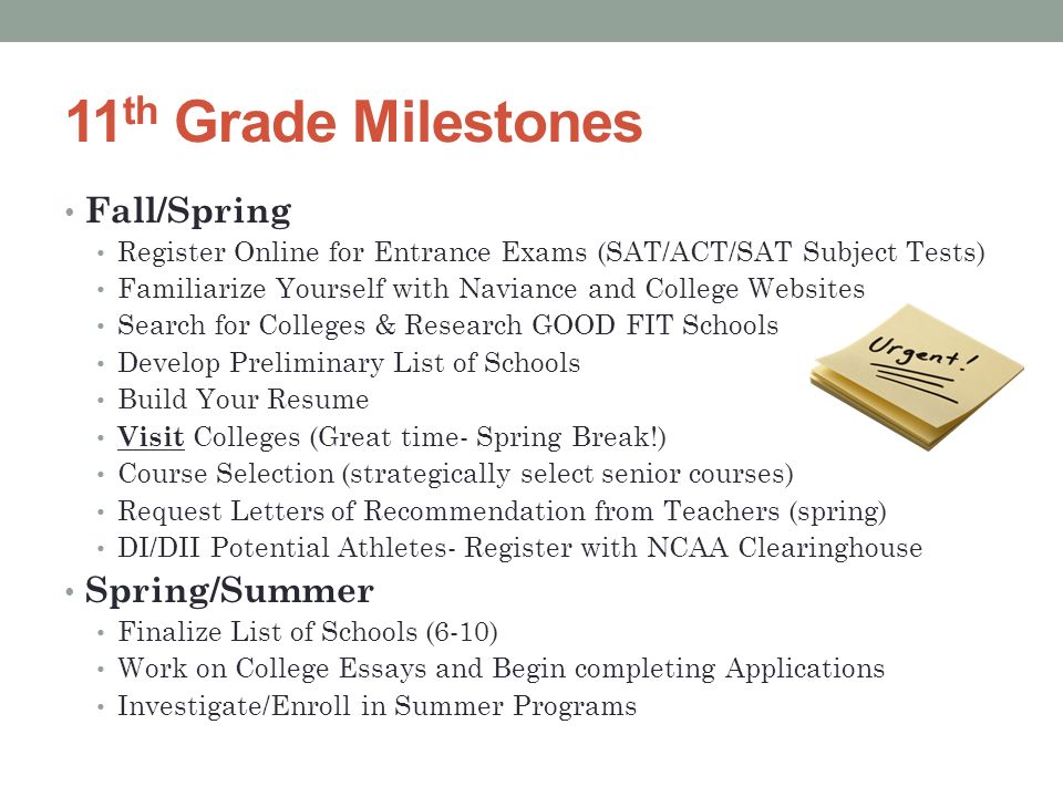 11 th Grade Milestones Fall/Spring Register Online for Entrance Exams (SAT/ACT/SAT Subject Tests) Familiarize Yourself with Naviance and College Websites Search for Colleges & Research GOOD FIT Schools Develop Preliminary List of Schools Build Your Resume Visit Colleges (Great time- Spring Break!) Course Selection (strategically select senior courses) Request Letters of Recommendation from Teachers (spring) DI/DII Potential Athletes- Register with NCAA Clearinghouse Spring/Summer Finalize List of Schools (6-10) Work on College Essays and Begin completing Applications Investigate/Enroll in Summer Programs