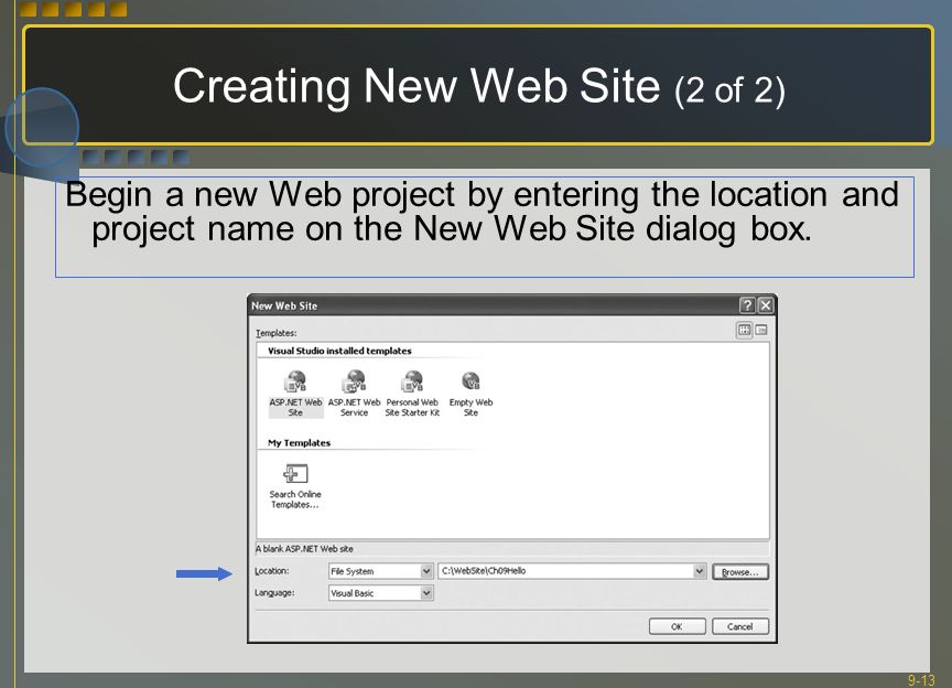9-13 Creating New Web Site (2 of 2) Begin a new Web project by entering the location and project name on the New Web Site dialog box.
