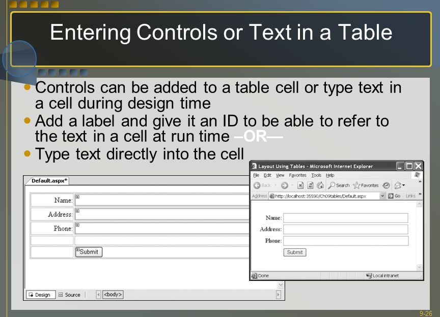 9-26 Entering Controls or Text in a Table Controls can be added to a table cell or type text in a cell during design time Add a label and give it an ID to be able to refer to the text in a cell at run time –OR— Type text directly into the cell