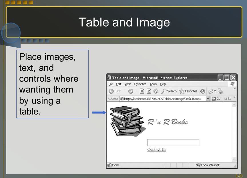 9-28 Table and Image Place images, text, and controls where wanting them by using a table.