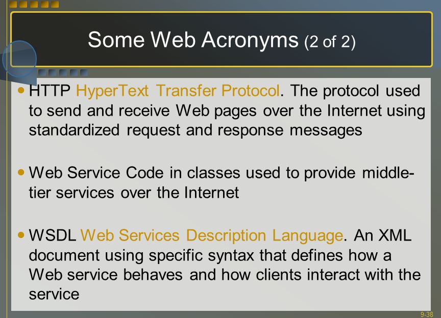 9-38 Some Web Acronyms (2 of 2) HTTP HyperText Transfer Protocol.