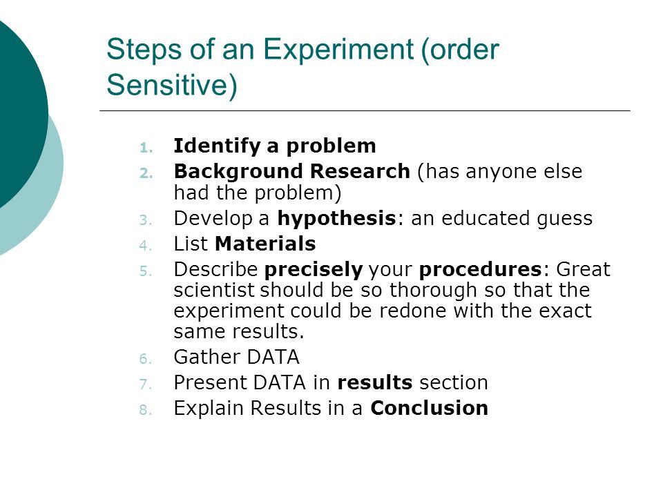 Steps of an Experiment (order Sensitive) 1. Identify a problem 2.