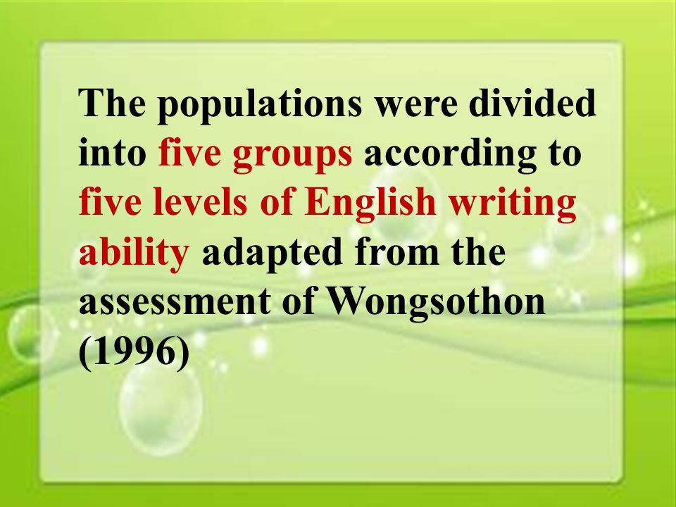 18 The populations were divided into five groups according to five levels of English writing ability adapted from the assessment of Wongsothon (1996)