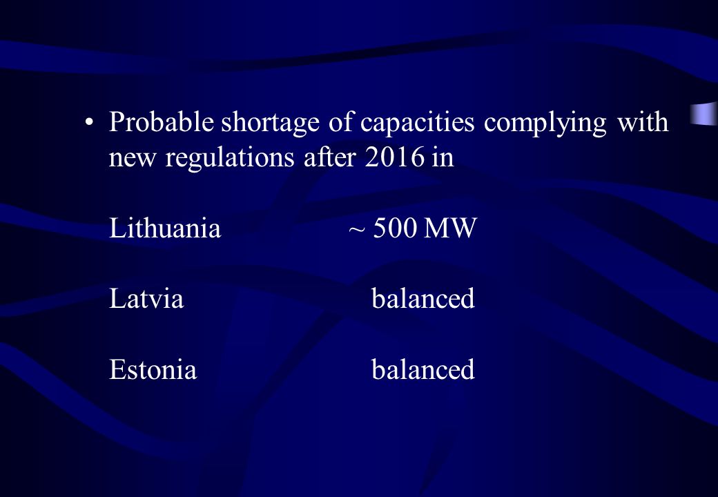 Probable shortage of capacities complying with new regulations after 2016 in Lithuania~ 500 MW Latvia balanced Estonia balanced