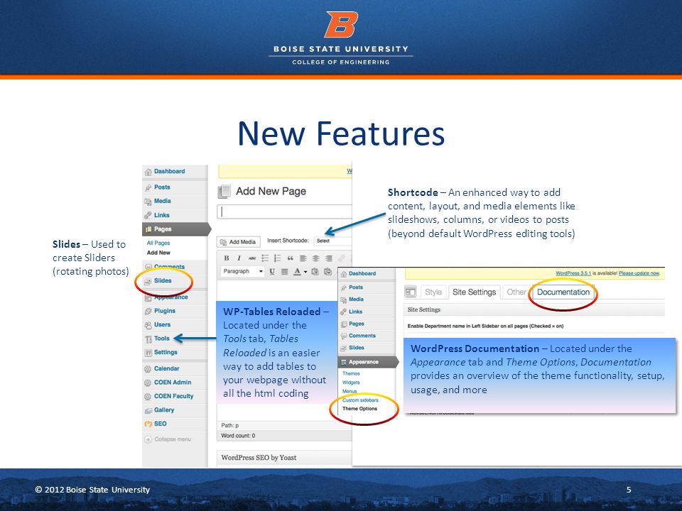 © 2012 Boise State University5 New Features Slides – Used to create Sliders (rotating photos) Shortcode – An enhanced way to add content, layout, and media elements like slideshows, columns, or videos to posts (beyond default WordPress editing tools) WordPress Documentation – Located under the Appearance tab and Theme Options, Documentation provides an overview of the theme functionality, setup, usage, and more WP-Tables Reloaded – Located under the Tools tab, Tables Reloaded is an easier way to add tables to your webpage without all the html coding