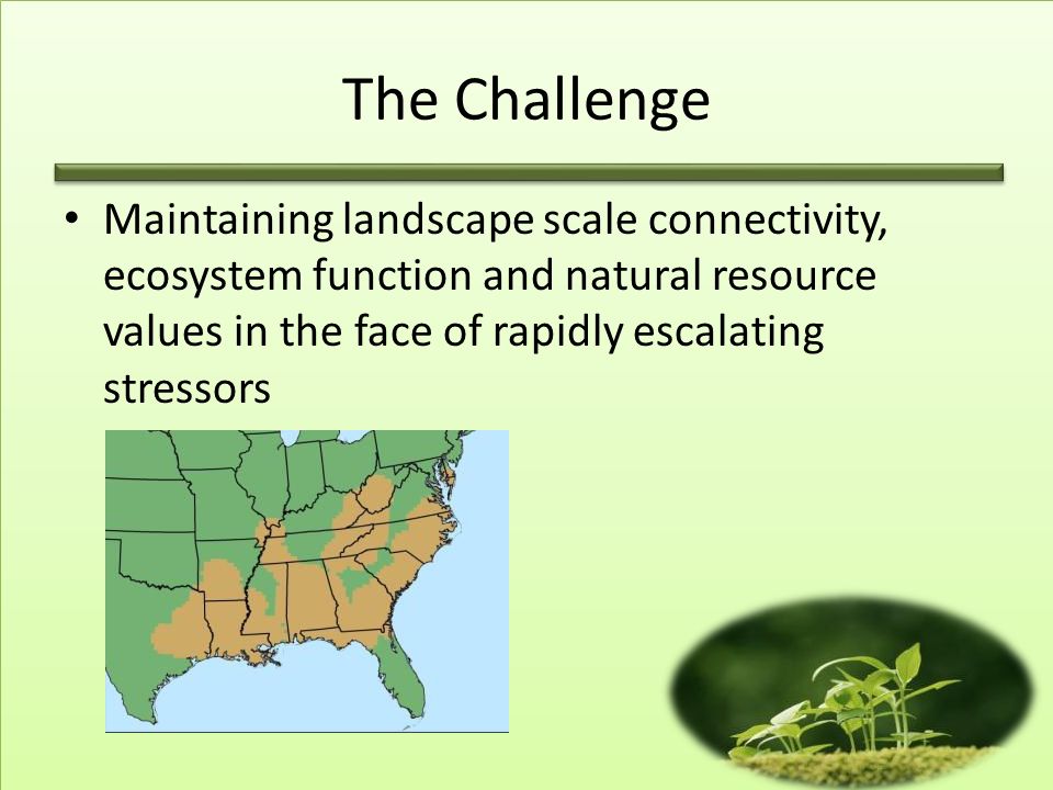 The Challenge Maintaining landscape scale connectivity, ecosystem function and natural resource values in the face of rapidly escalating stressors