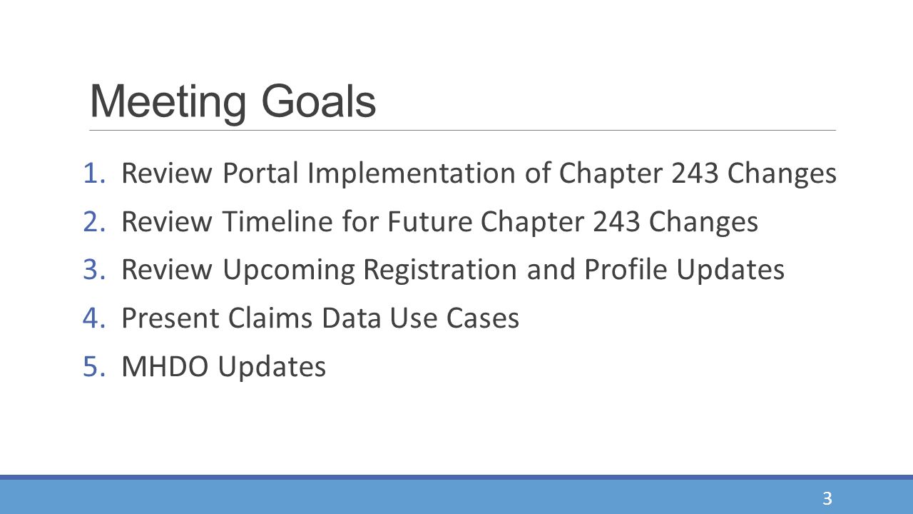 Meeting Goals 1.Review Portal Implementation of Chapter 243 Changes 2.Review Timeline for Future Chapter 243 Changes 3.Review Upcoming Registration and Profile Updates 4.Present Claims Data Use Cases 5.MHDO Updates 3