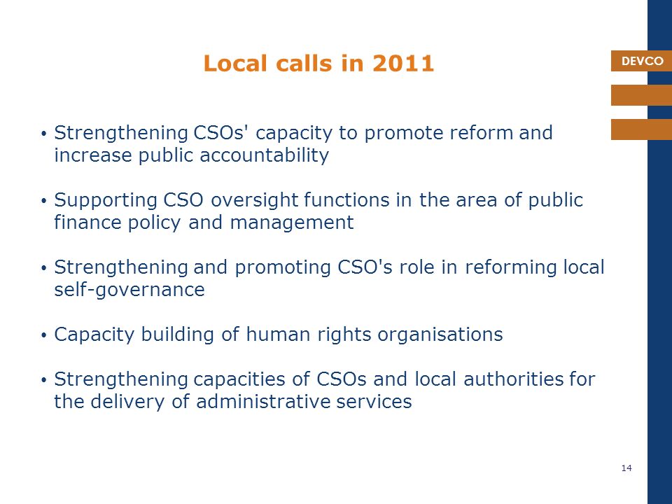 DEVCO Local calls in 2011 Strengthening CSOs capacity to promote reform and increase public accountability Supporting CSO oversight functions in the area of public finance policy and management Strengthening and promoting CSO s role in reforming local self-governance Capacity building of human rights organisations Strengthening capacities of CSOs and local authorities for the delivery of administrative services 14