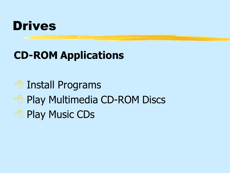 Drives CD-ROM Applications  Install Programs  Play Multimedia CD-ROM Discs  Play Music CDs