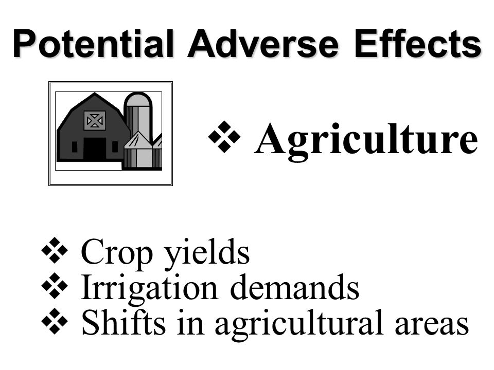 Potential Adverse Effects  Crop yields  Irrigation demands  Shifts in agricultural areas  Agriculture