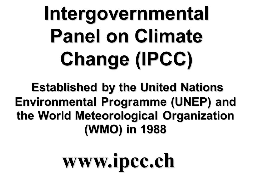 Intergovernmental Panel on Climate Change (IPCC) Established by the United Nations Environmental Programme (UNEP) and the World Meteorological Organization (WMO) in 1988 Established by the United Nations Environmental Programme (UNEP) and the World Meteorological Organization (WMO) in