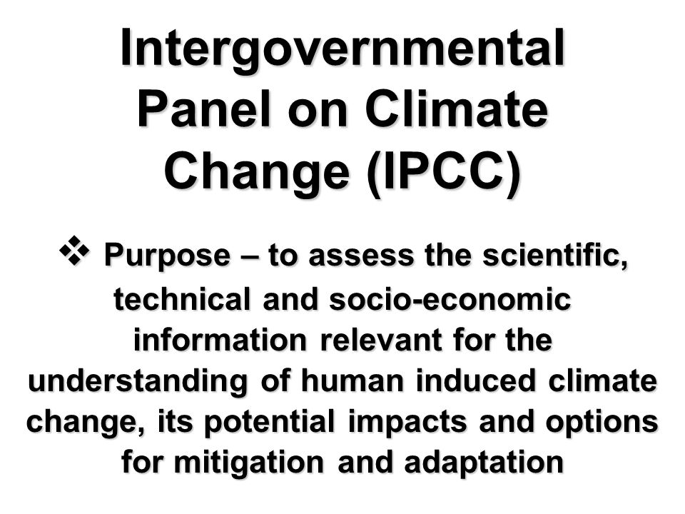 Intergovernmental Panel on Climate Change (IPCC)  Purpose – to assess the scientific, technical and socio-economic information relevant for the understanding of human induced climate change, its potential impacts and options for mitigation and adaptation