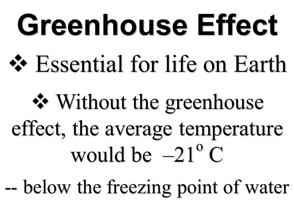 Greenhouse Effect  Essential for life on Earth  Without the greenhouse effect, the average temperature would be –21 o C -- below the freezing point of water
