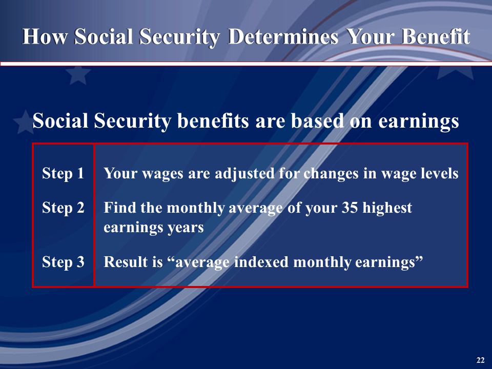 22 How Social Security Determines Your Benefit Social Security benefits are based on earnings Step 1Your wages are adjusted for changes in wage levels Step 2Find the monthly average of your 35 highest earnings years Step 3Result is average indexed monthly earnings