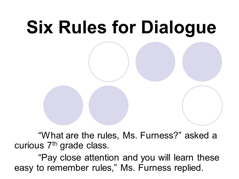 Six Rules for Dialogue What are the rules, Ms. Furness asked a curious 7 th grade class.