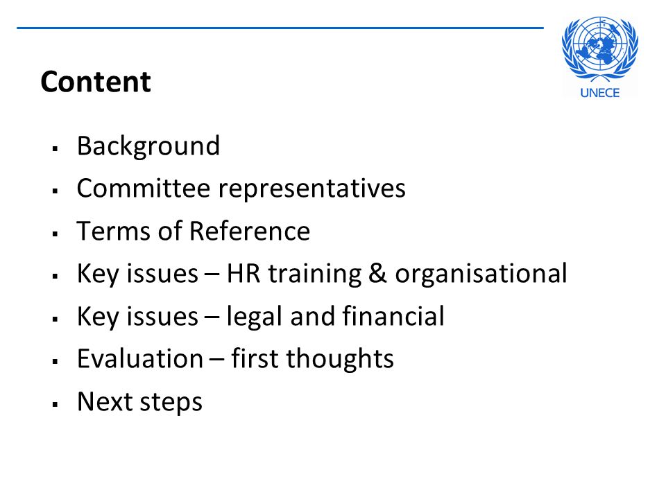 Content  Background  Committee representatives  Terms of Reference  Key issues – HR training & organisational  Key issues – legal and financial  Evaluation – first thoughts  Next steps